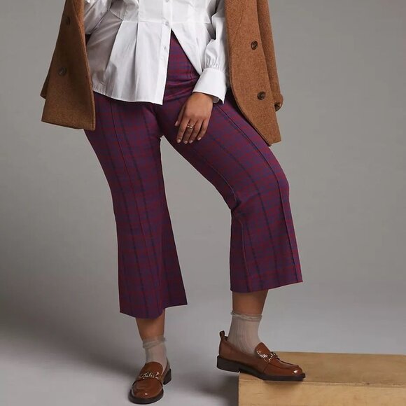 Anthropologie Maeve The Margot Kick Flare Red Blue Plaid Pull On Crop Leg Pants - Picture 1 of 12